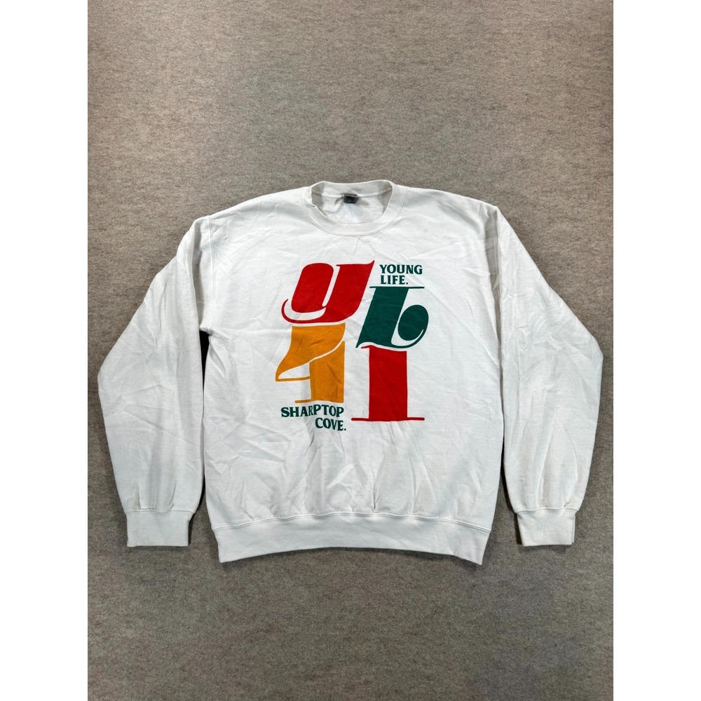 Gildan Heavy Blend Young Life Sharp Top Cove Sweatshirt Womens M White Graphic